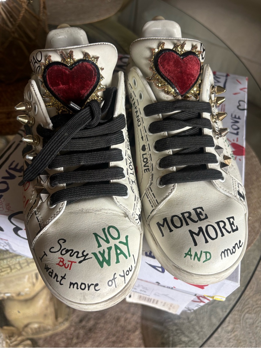 Dolce & Gabbana Women’s White Sneakers with Black Laces & Red Heart Detail - Picture 2 of 4